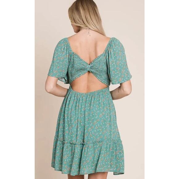 Heyson Tiny Dancer Green Floral Hi Lo Ruffle Dress Bow Back Women's Small - Picture 4 of 5